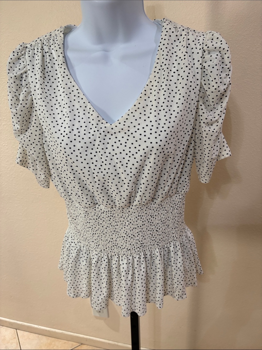 Ember Smocked Peplum V-Neck Polka Dot Blouse - White with Black Dots